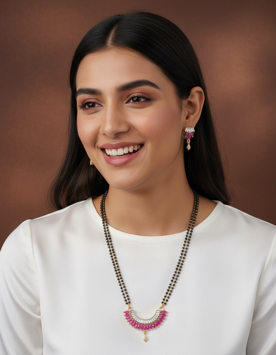 Gold Plated Pink Stone Designer Mangalsutra Set with Earrings