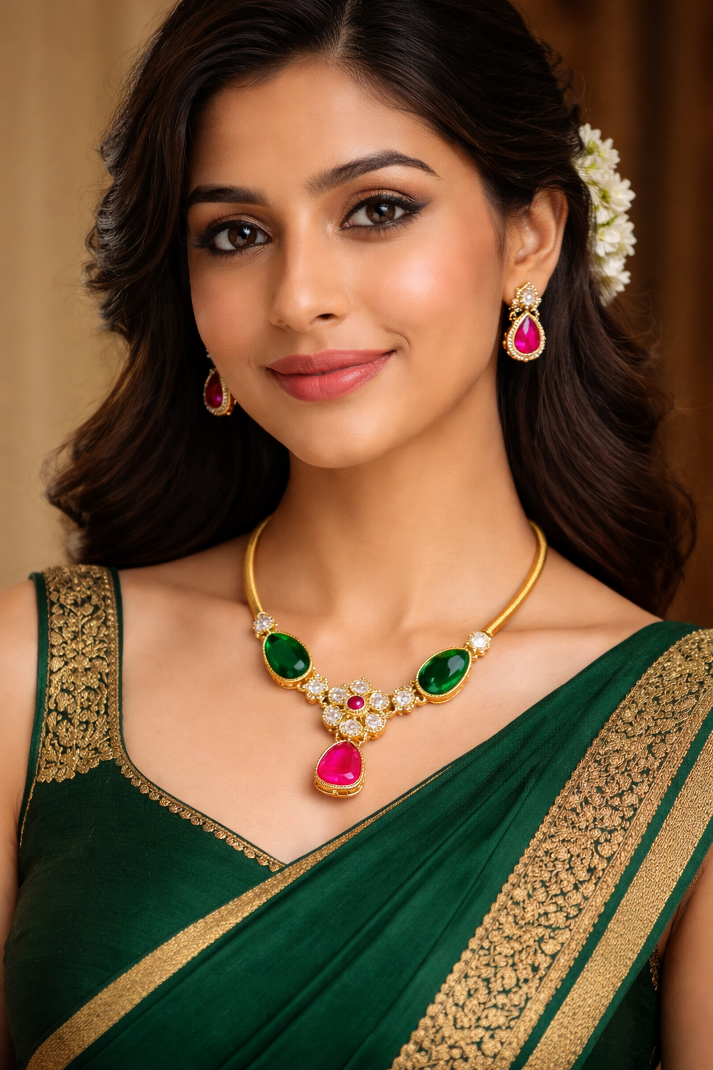 Elegant Green & Ruby Stone Necklace Set