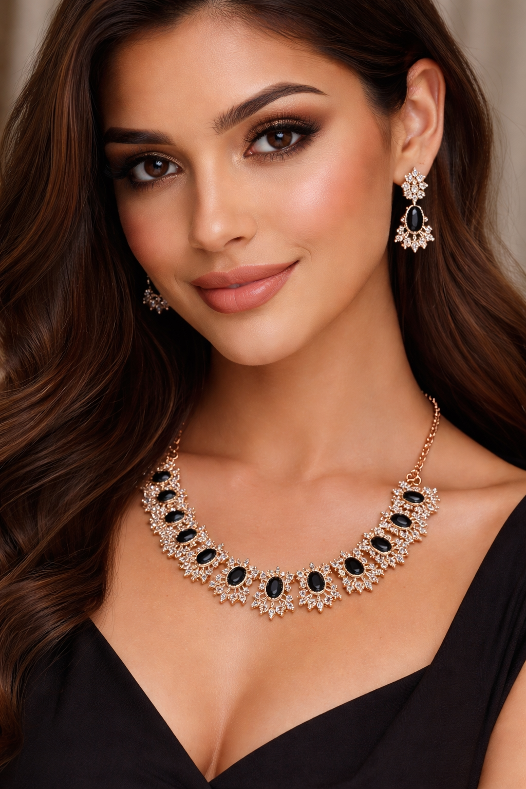 Royal Black Stone Statement Necklace Set