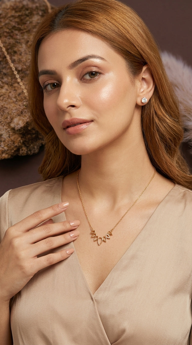 Gold-Plated Pendant Necklace with Crystal Stud Earrings Set