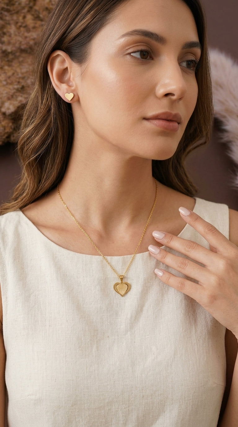Gold-Plated Double Heart Pendant Necklace with Heart Stud Earrings Set