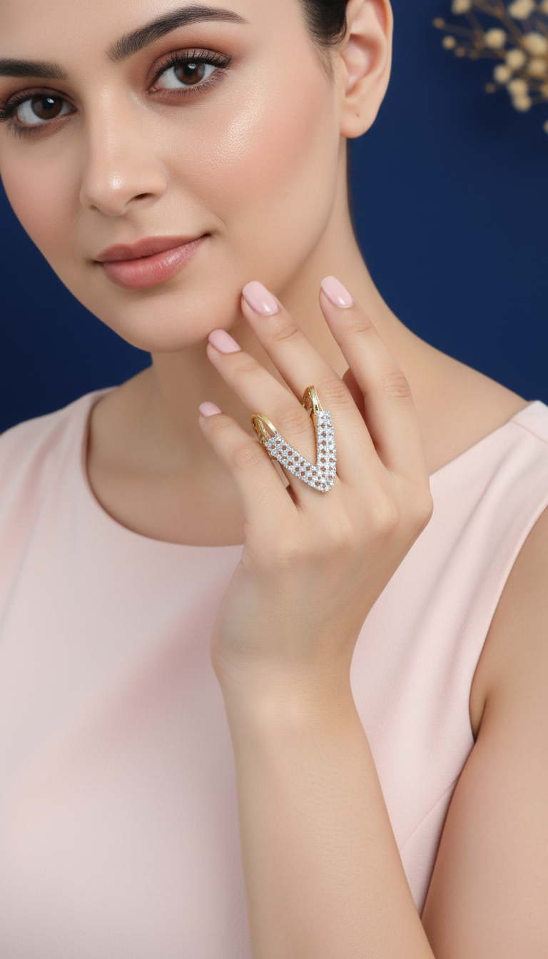 Luxury V-Shape Diamond Statement Ring – Gold Finish