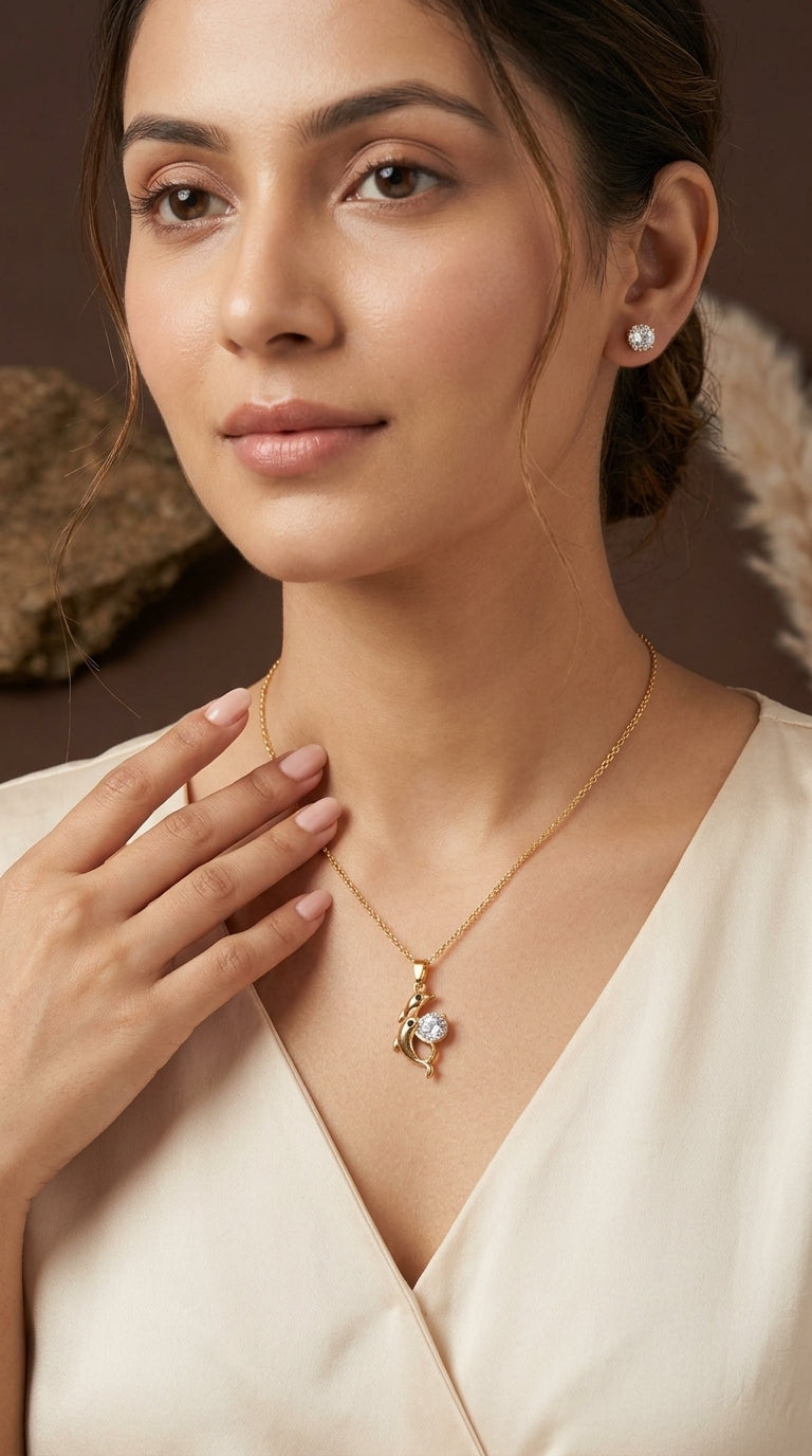 Gold-Plated Dolphin Pendant Necklace with Crystal Stud Earrings Set