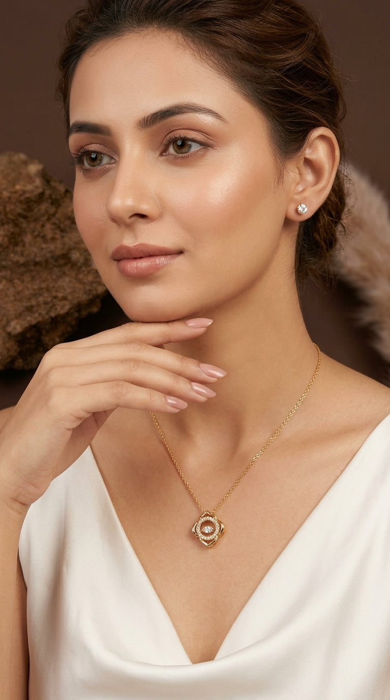 Gold-Plated Floral Crystal Pendant Necklace with Crystal Stud Earrings Set