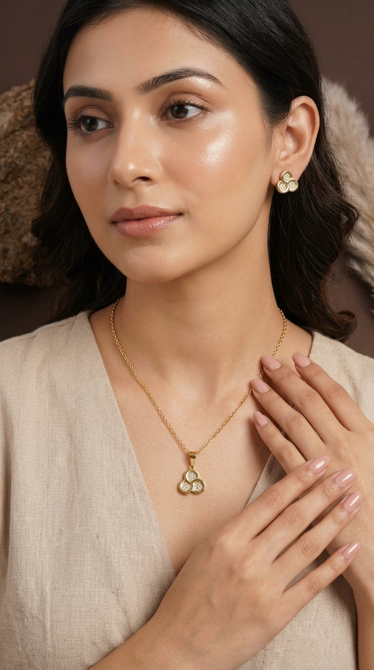 Gold-Plated Floral Pendant Necklace with Matching Stud Earrings Set