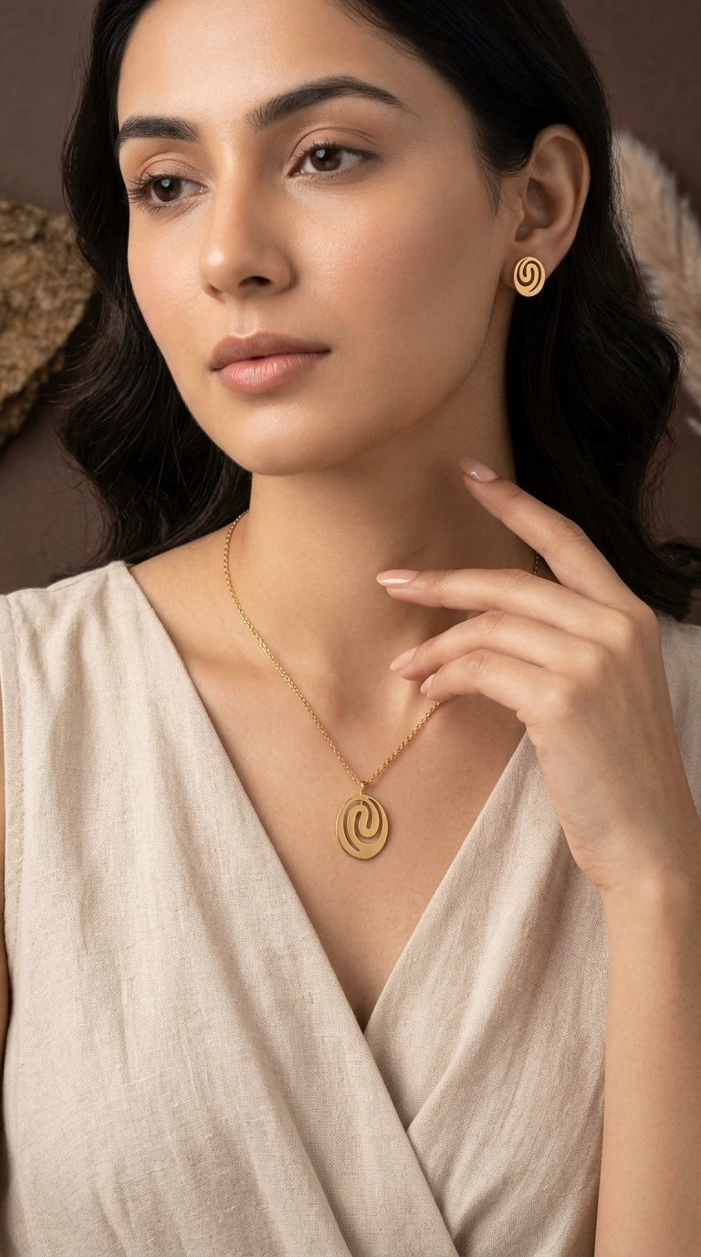 Gold-Plated Spiral Pendant Necklace with Matching Stud Earrings Set