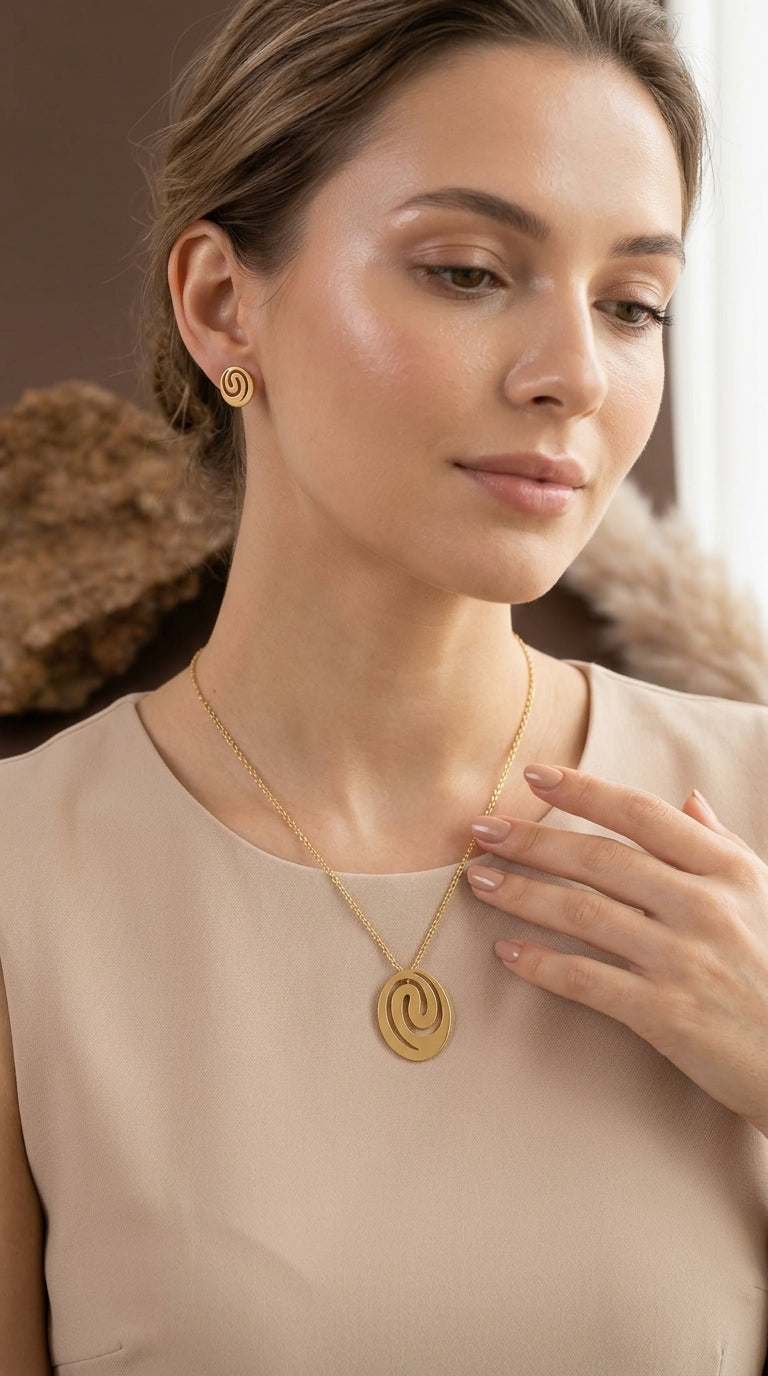 Gold-Plated Spiral Pendant Necklace with Matching Stud Earrings Set