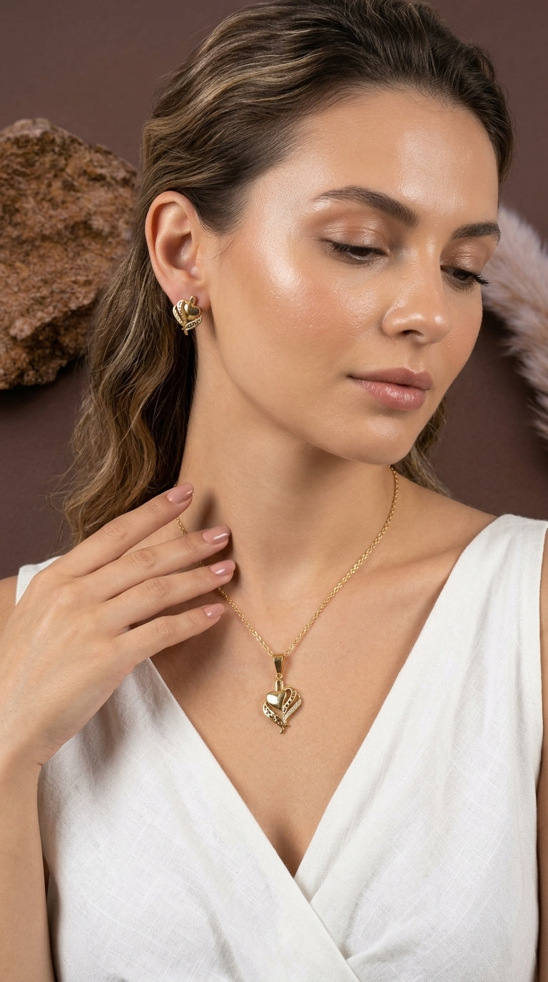 Gold-Plated Double Heart Pendant Necklace with Matching Stud Earrings Set