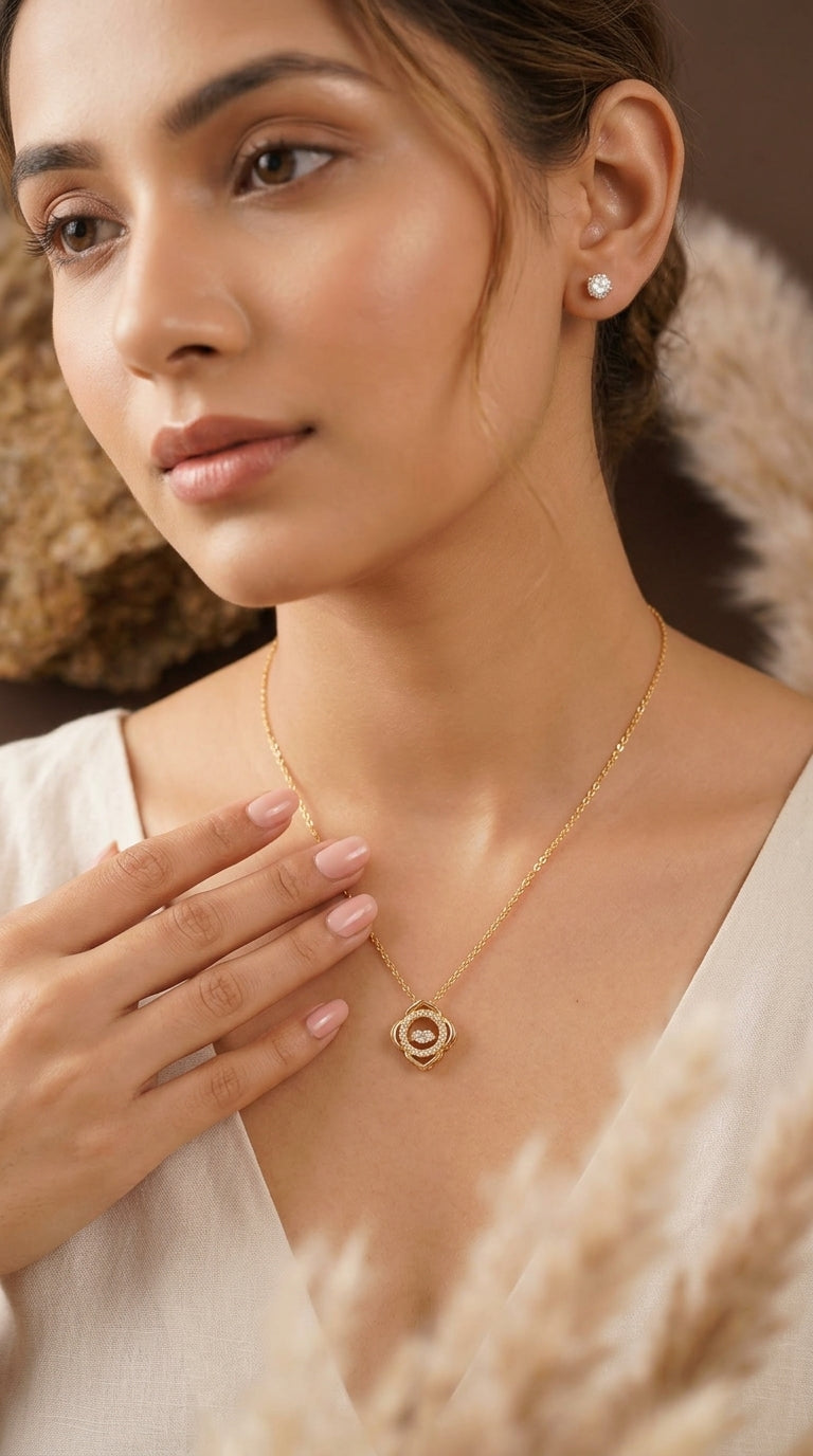 Gold-Plated Floral Crystal Pendant Necklace with Crystal Stud Earrings Set