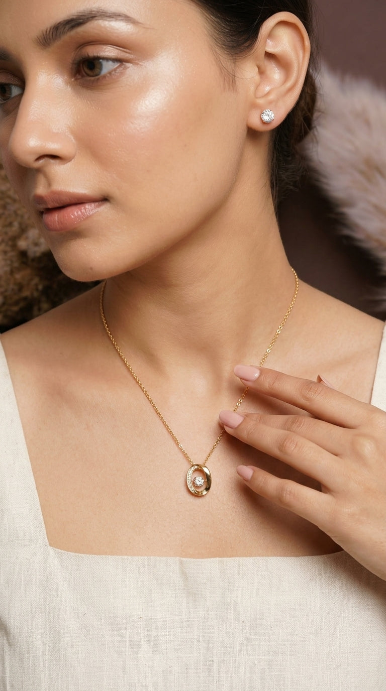 Gold-Plated Oval Crystal Pendant Necklace with Crystal Stud Earrings Set