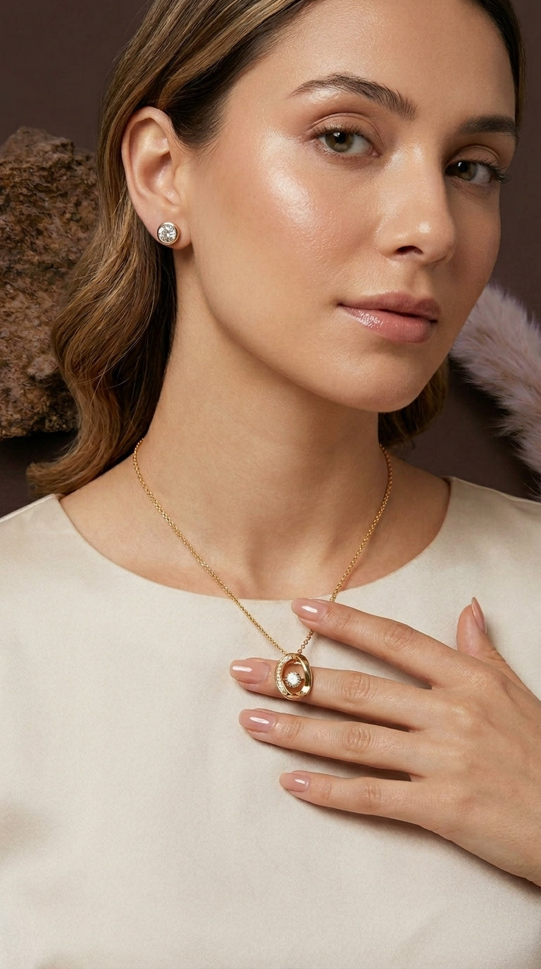 Gold-Plated Oval Crystal Pendant Necklace with Crystal Stud Earrings Set