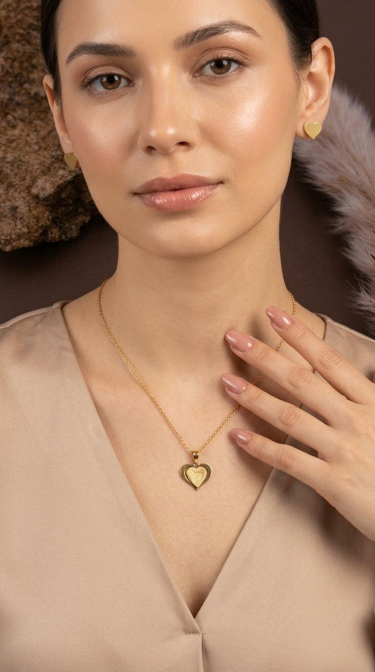 Gold-Plated Double Heart Pendant Necklace with Heart Stud Earrings Set