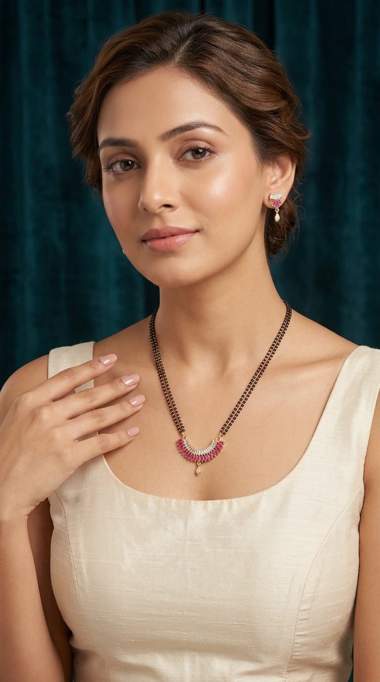 Gold Plated Pink Stone Designer Mangalsutra Set with Earrings