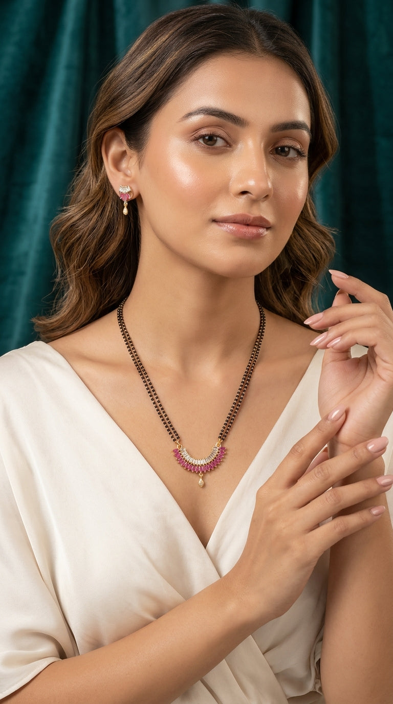 Gold Plated Pink Stone Designer Mangalsutra Set with Earrings