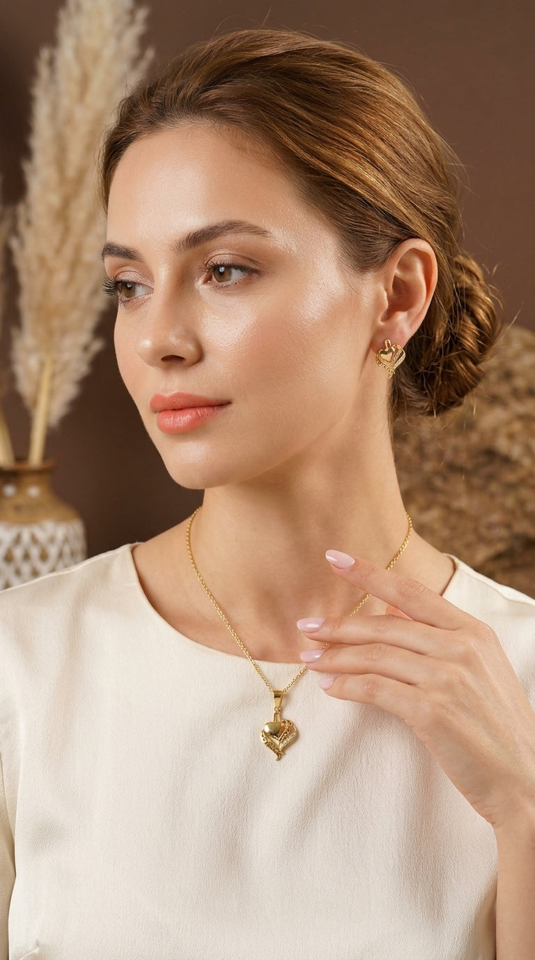 Gold-Plated Double Heart Pendant Necklace with Matching Stud Earrings Set