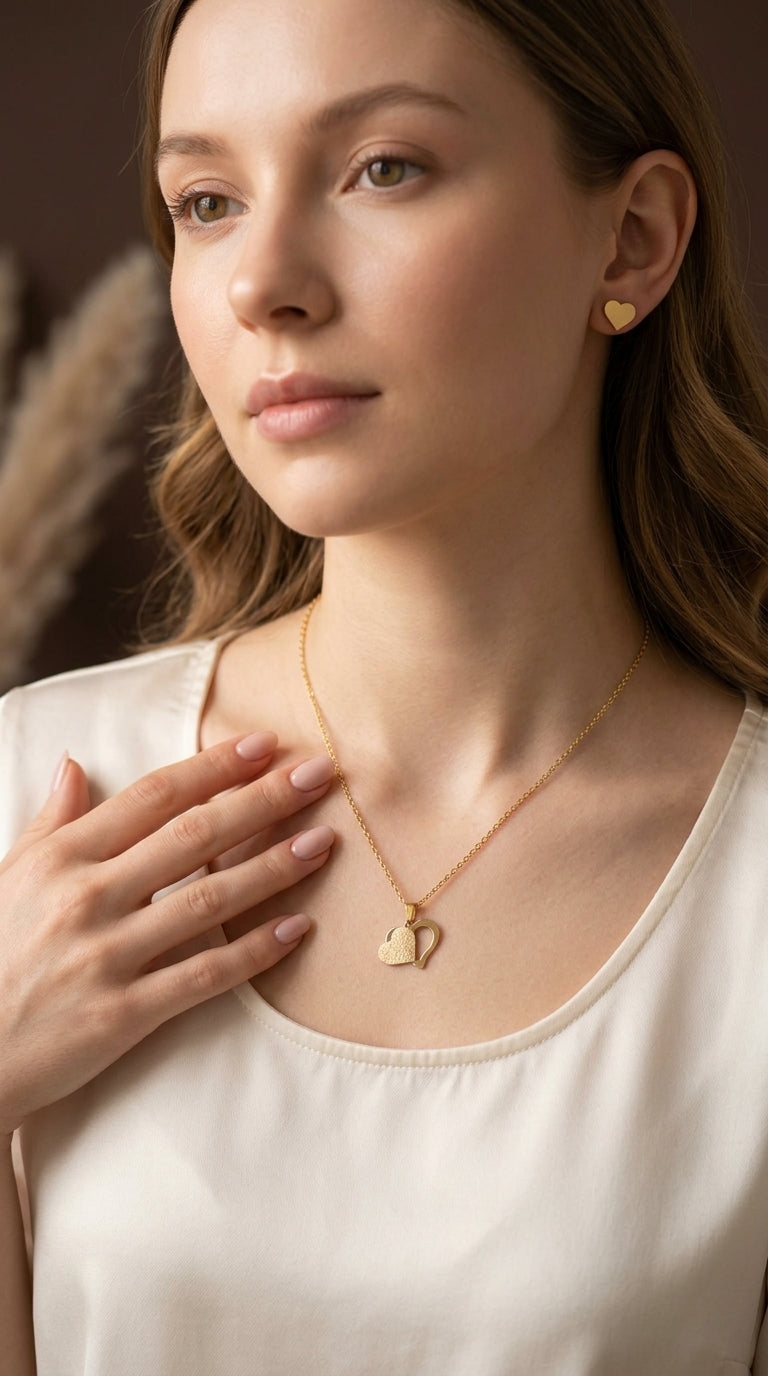 Gold-Plated Heart Pendant Necklace with Matching Heart Stud Earrings Set