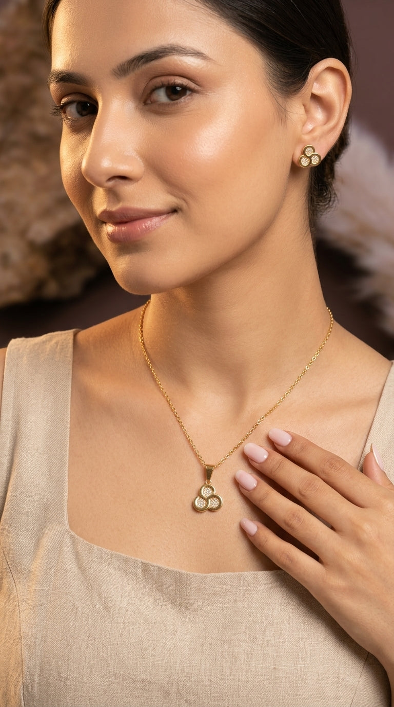Gold-Plated Floral Pendant Necklace with Matching Stud Earrings Set