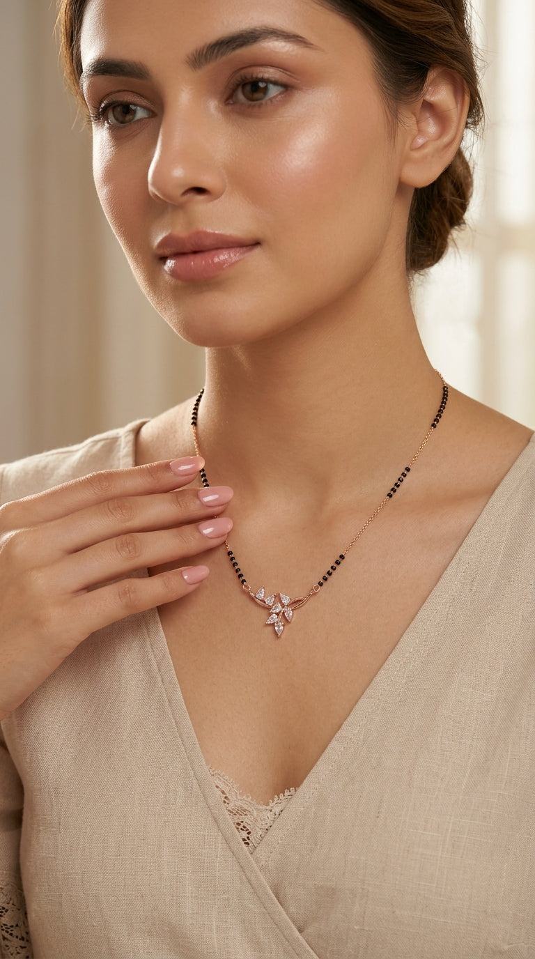 Rose Gold Plated Leaf Design AD Mangalsutra