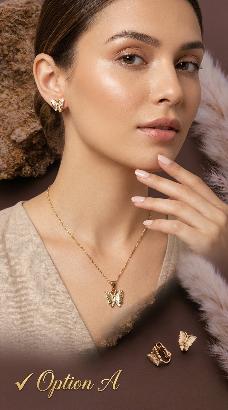 Gold-Plated Butterfly Pendant Necklace with Matching Earrings Set