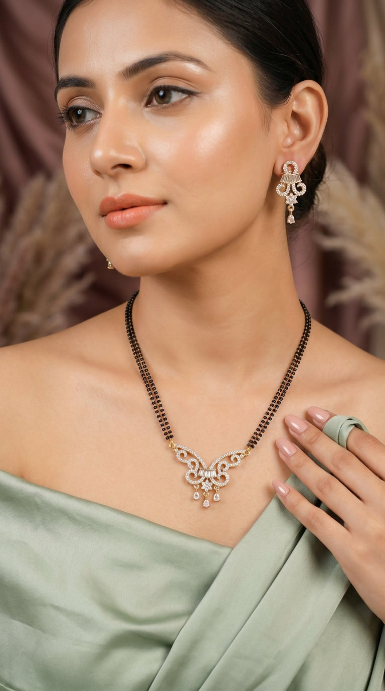 Gold Plated Designer AD Mangalsutra Set with Earrings