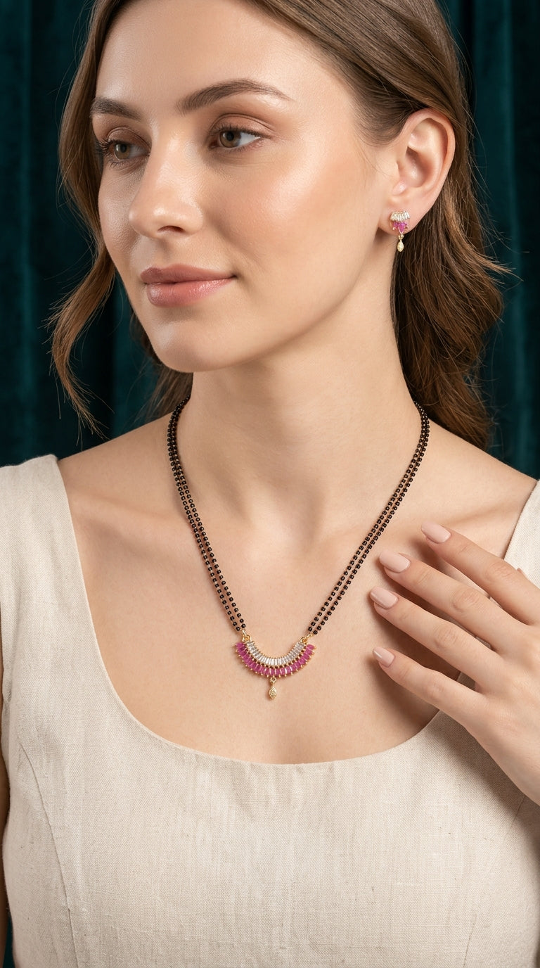 Gold Plated Pink Stone Designer Mangalsutra Set with Earrings