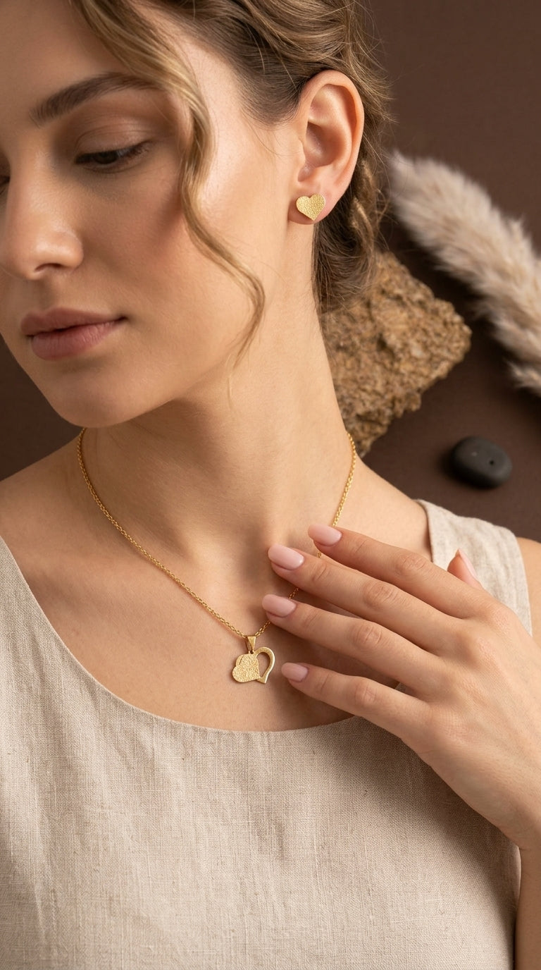 Gold-Plated Heart Pendant Necklace with Matching Heart Stud Earrings Set