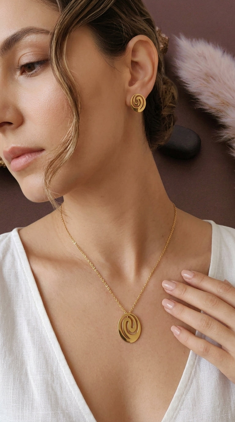 Gold-Plated Spiral Pendant Necklace with Matching Stud Earrings Set