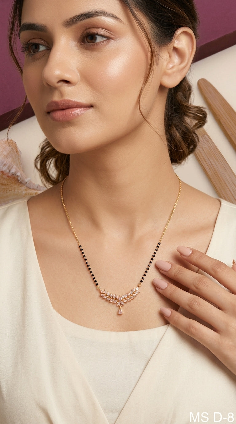 Gold Plated Leaf Pattern Mangalsutra with Crystal Stones