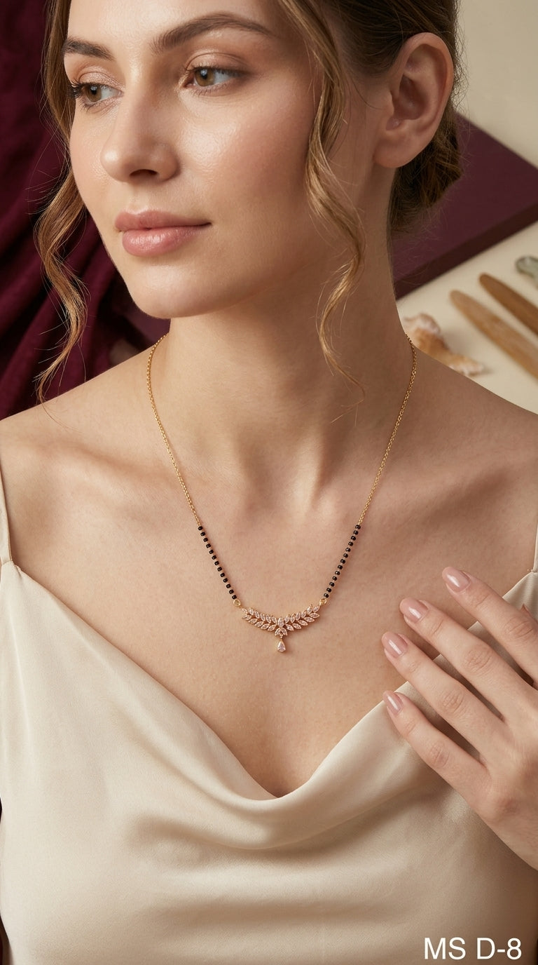 Gold Plated Leaf Pattern Mangalsutra with Crystal Stones