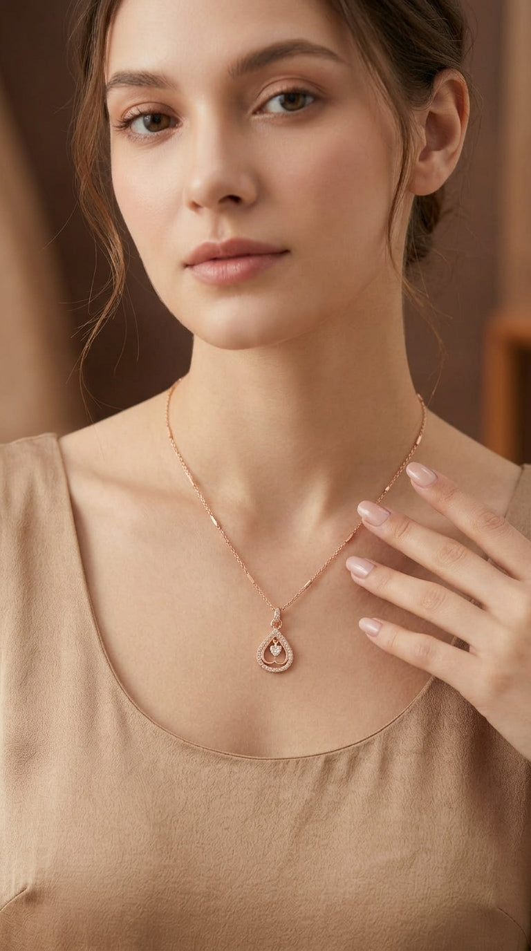 Rose Gold Teardrop Heart Pendant Necklace