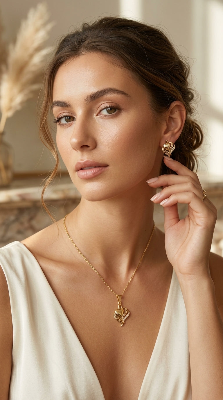 Gold-Plated Double Heart Pendant Necklace with Matching Stud Earrings Set
