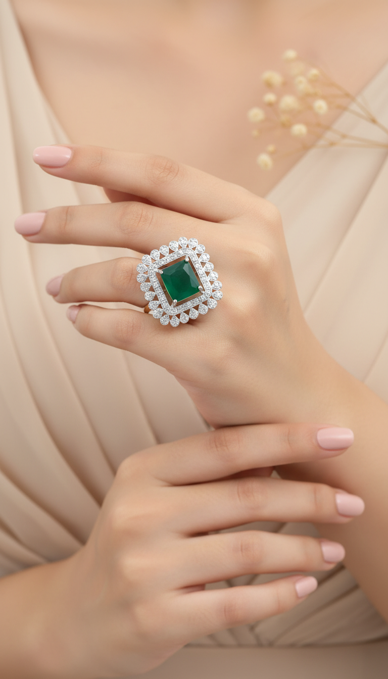 Royal Green Statement Ring – Luxury Diamond Halo Design