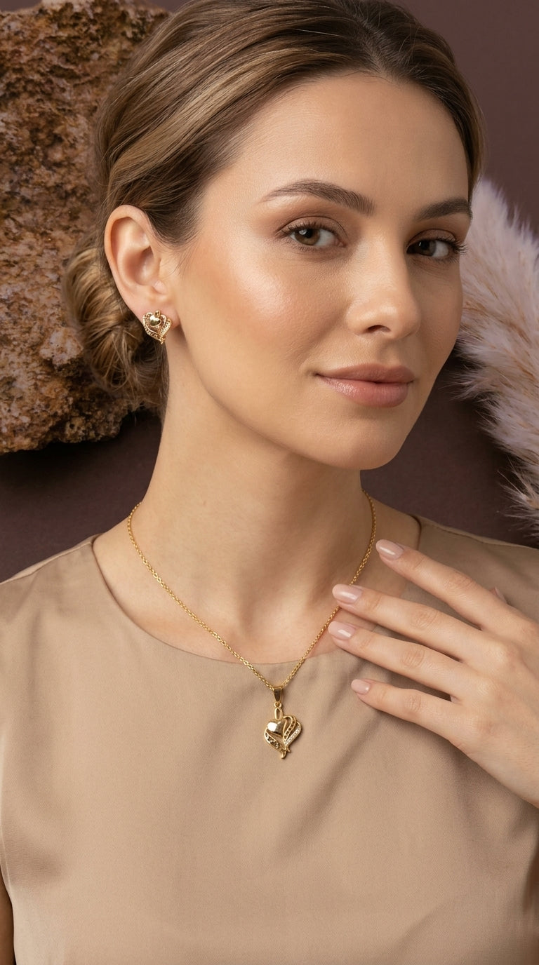 Gold-Plated Double Heart Pendant Necklace with Matching Stud Earrings Set
