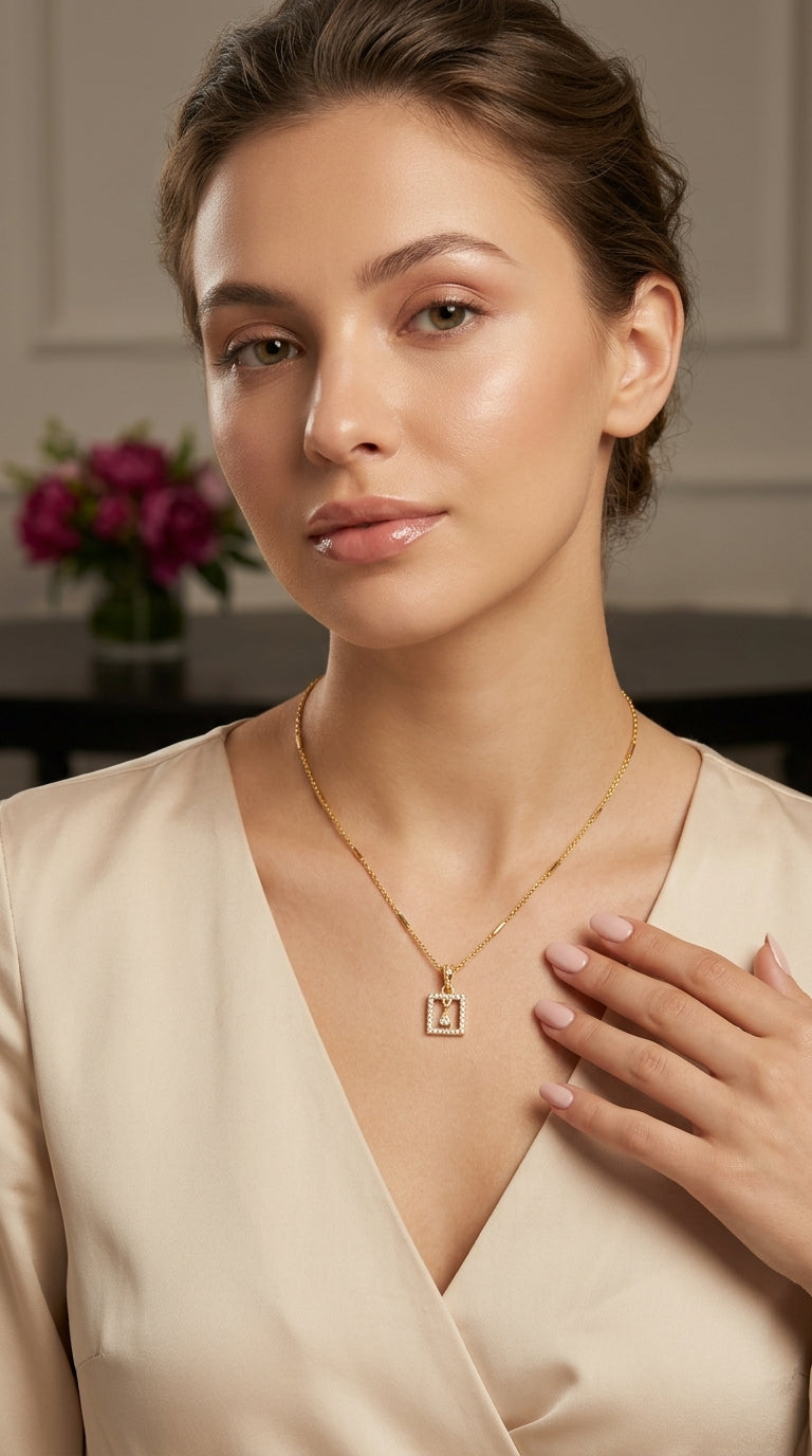Gold Plated Square Pendant Necklace