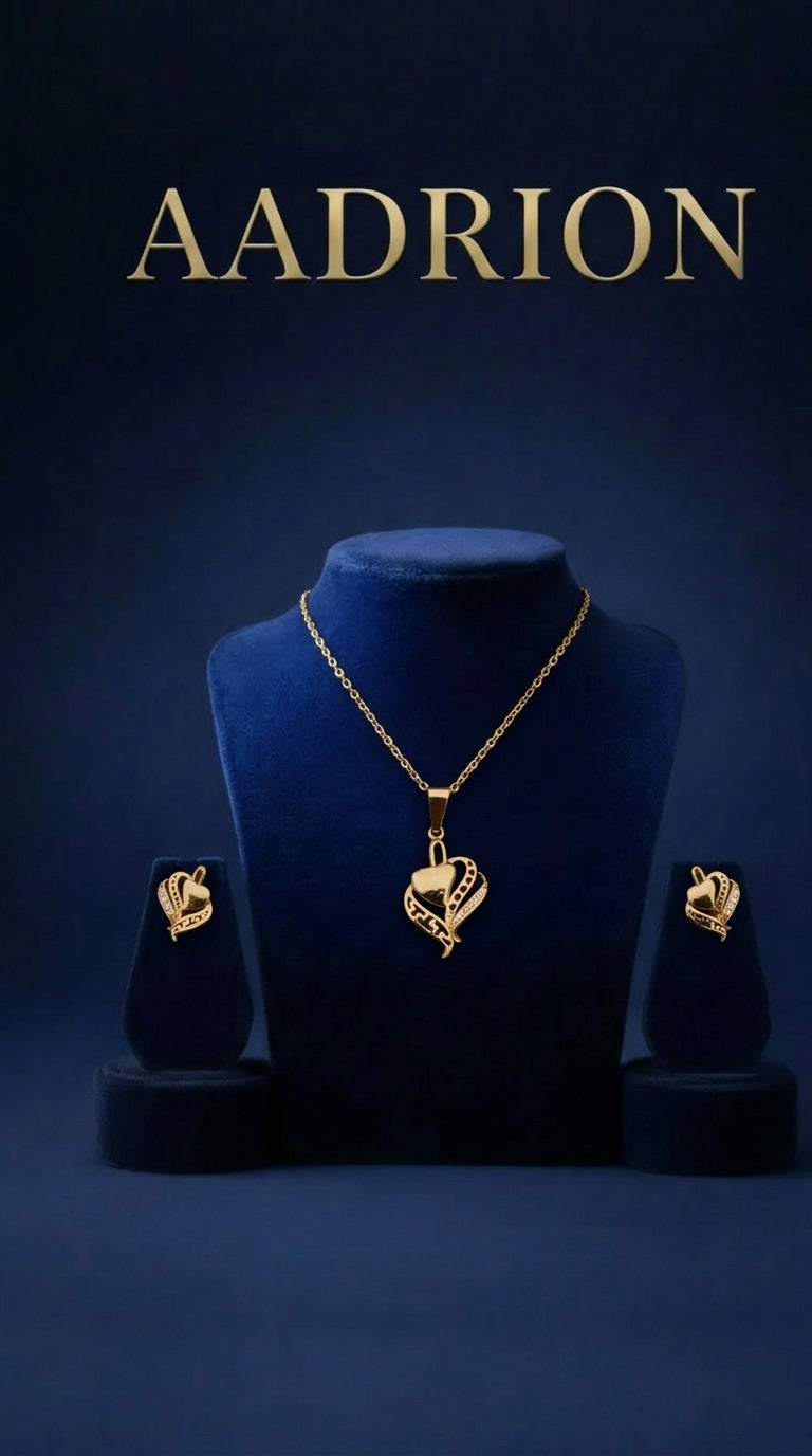Gold-Plated Double Heart Pendant Necklace with Matching Stud Earrings Set