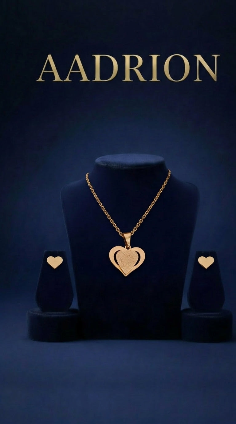 Gold-Plated Double Heart Pendant Necklace with Heart Stud Earrings Set