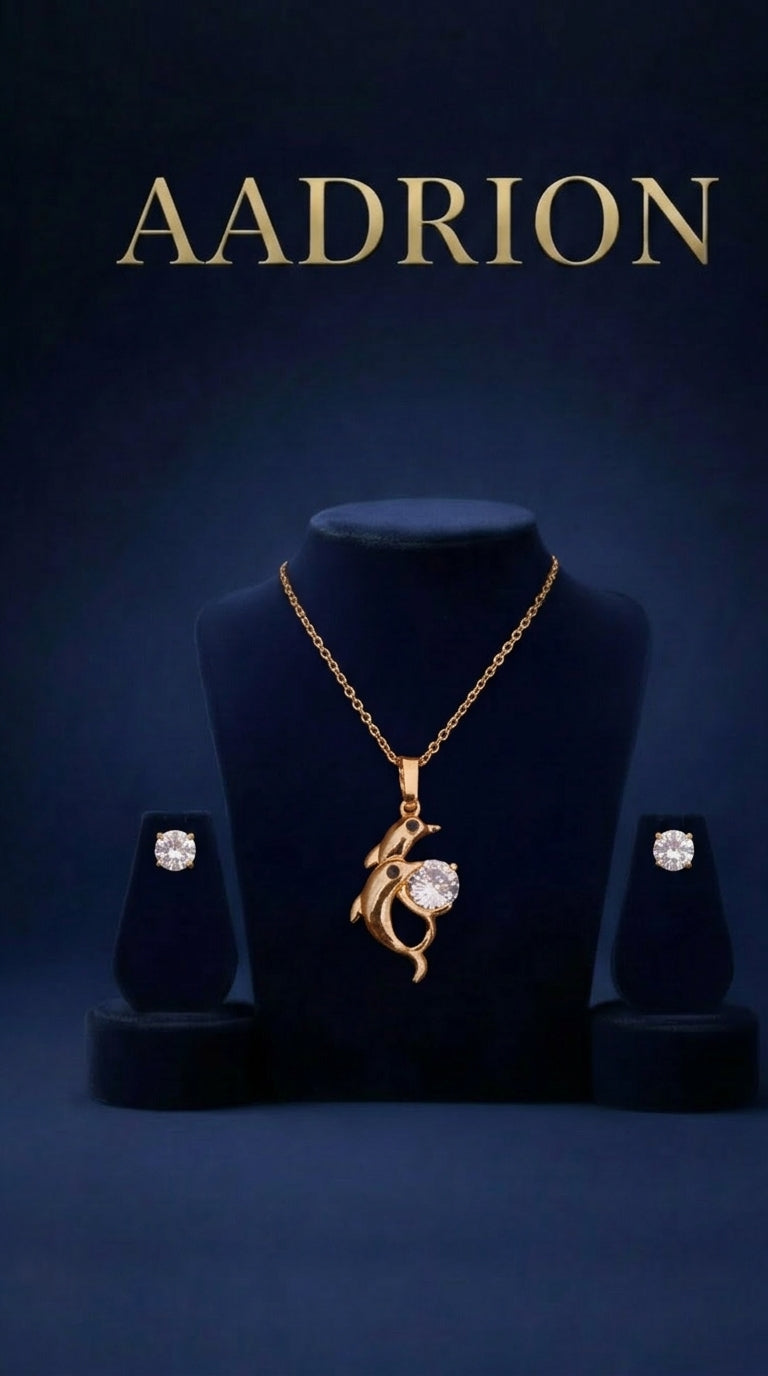 Gold-Plated Dolphin Pendant Necklace with Crystal Stud Earrings Set