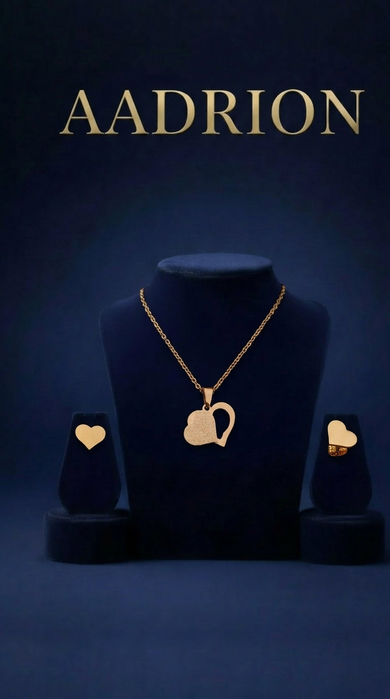 Gold-Plated Heart Pendant Necklace with Matching Heart Stud Earrings Set