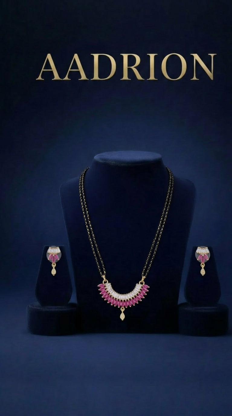 Gold Plated Pink Stone Designer Mangalsutra Set with Earrings