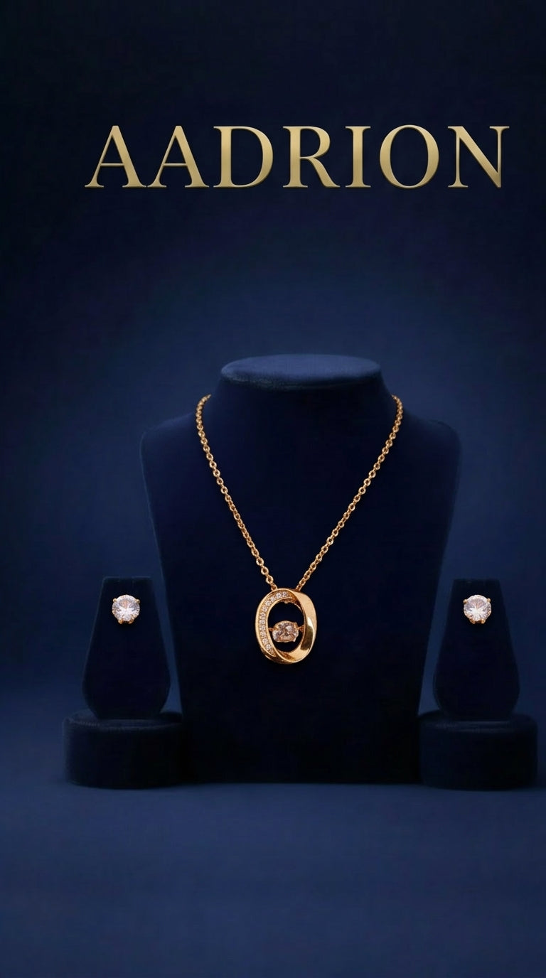 Gold-Plated Oval Crystal Pendant Necklace with Crystal Stud Earrings Set