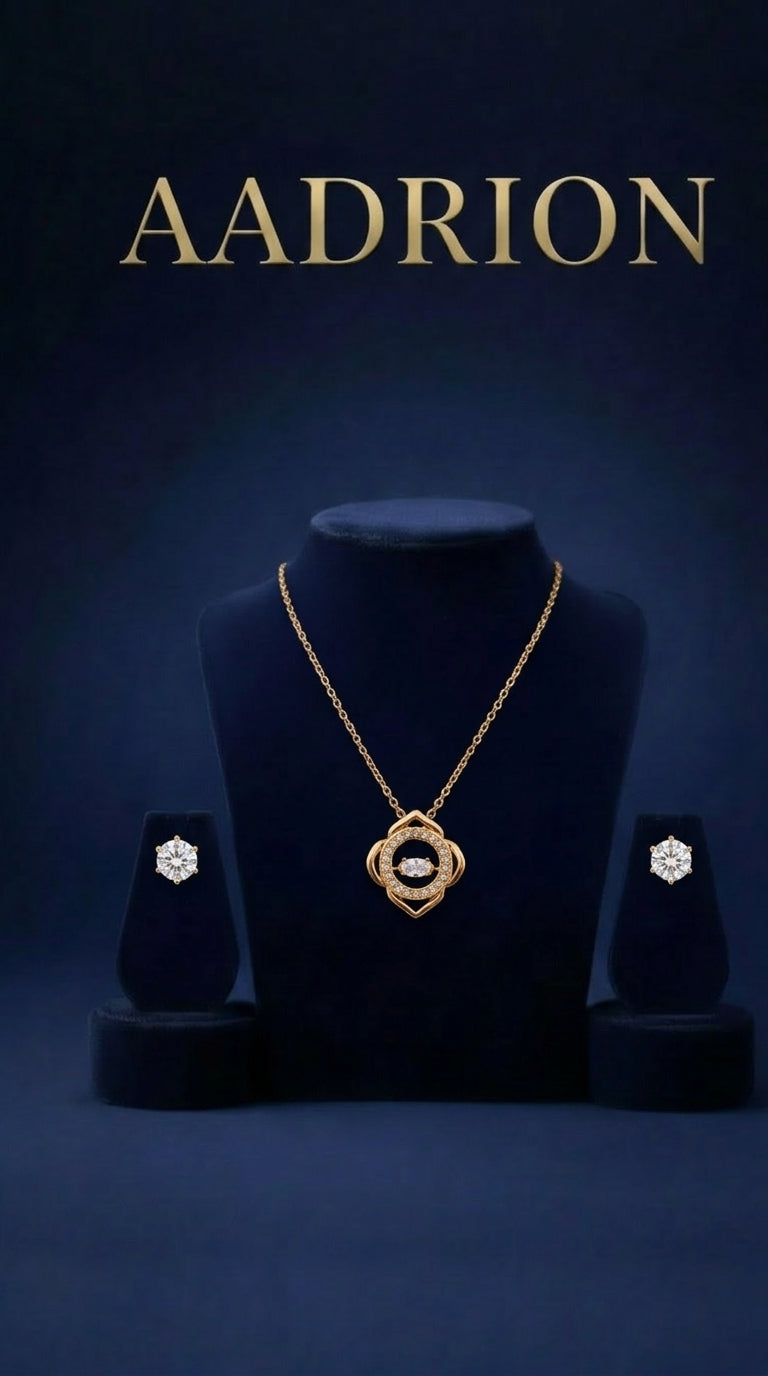 Gold-Plated Floral Crystal Pendant Necklace with Crystal Stud Earrings Set