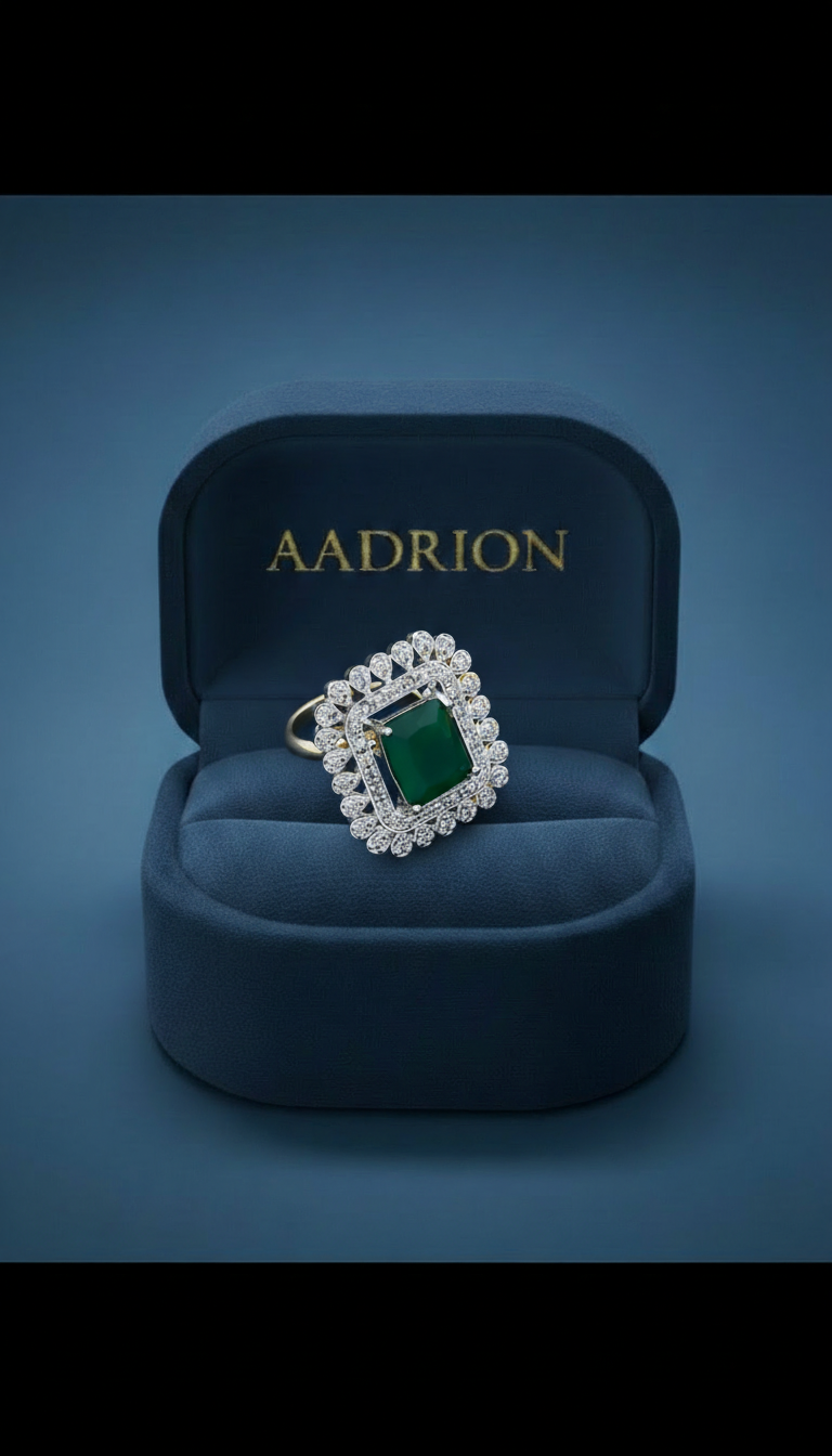 Royal Green Statement Ring – Luxury Diamond Halo Design