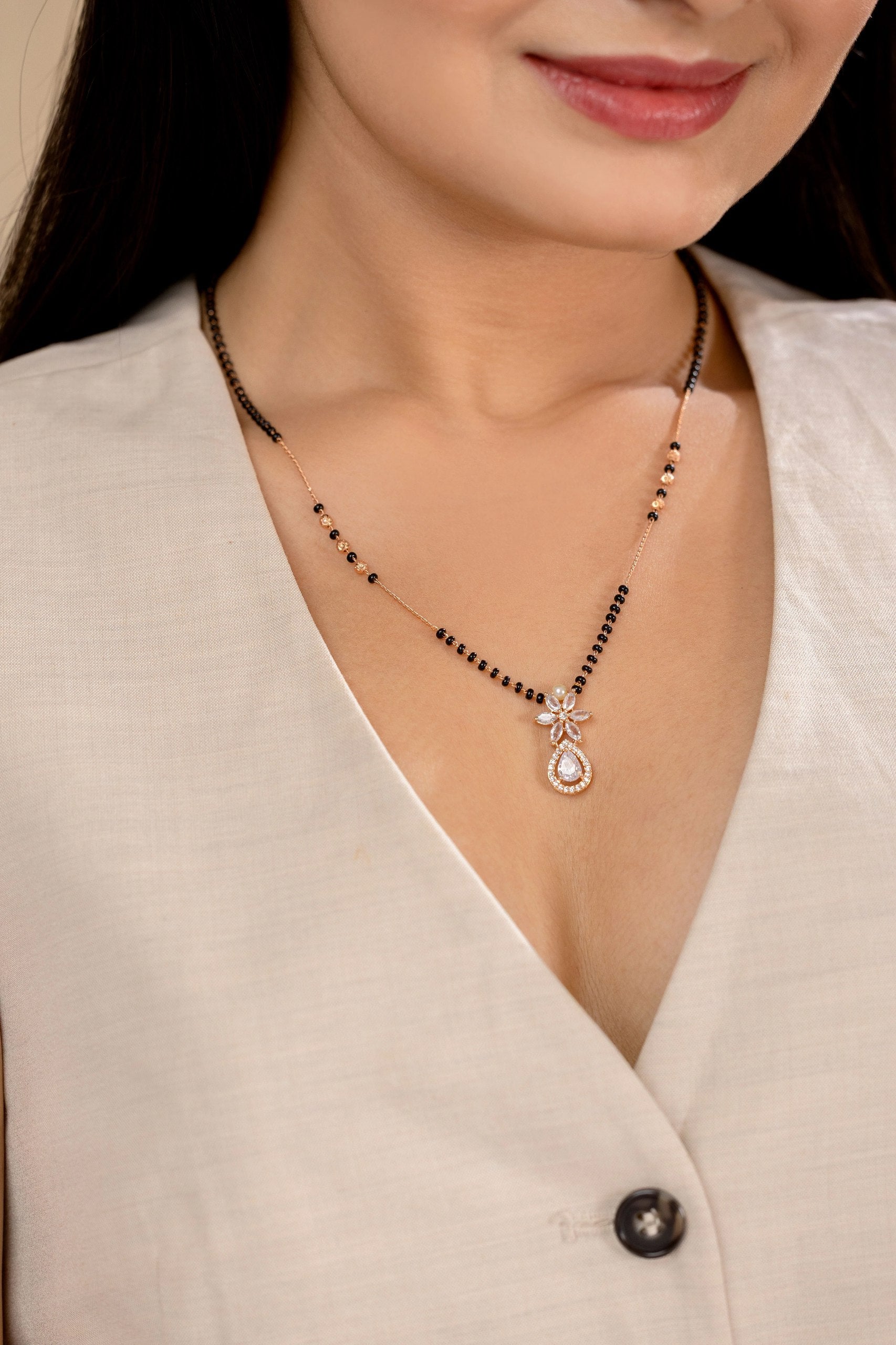 Floral Drop Mangalsutra – Rose Gold Finish