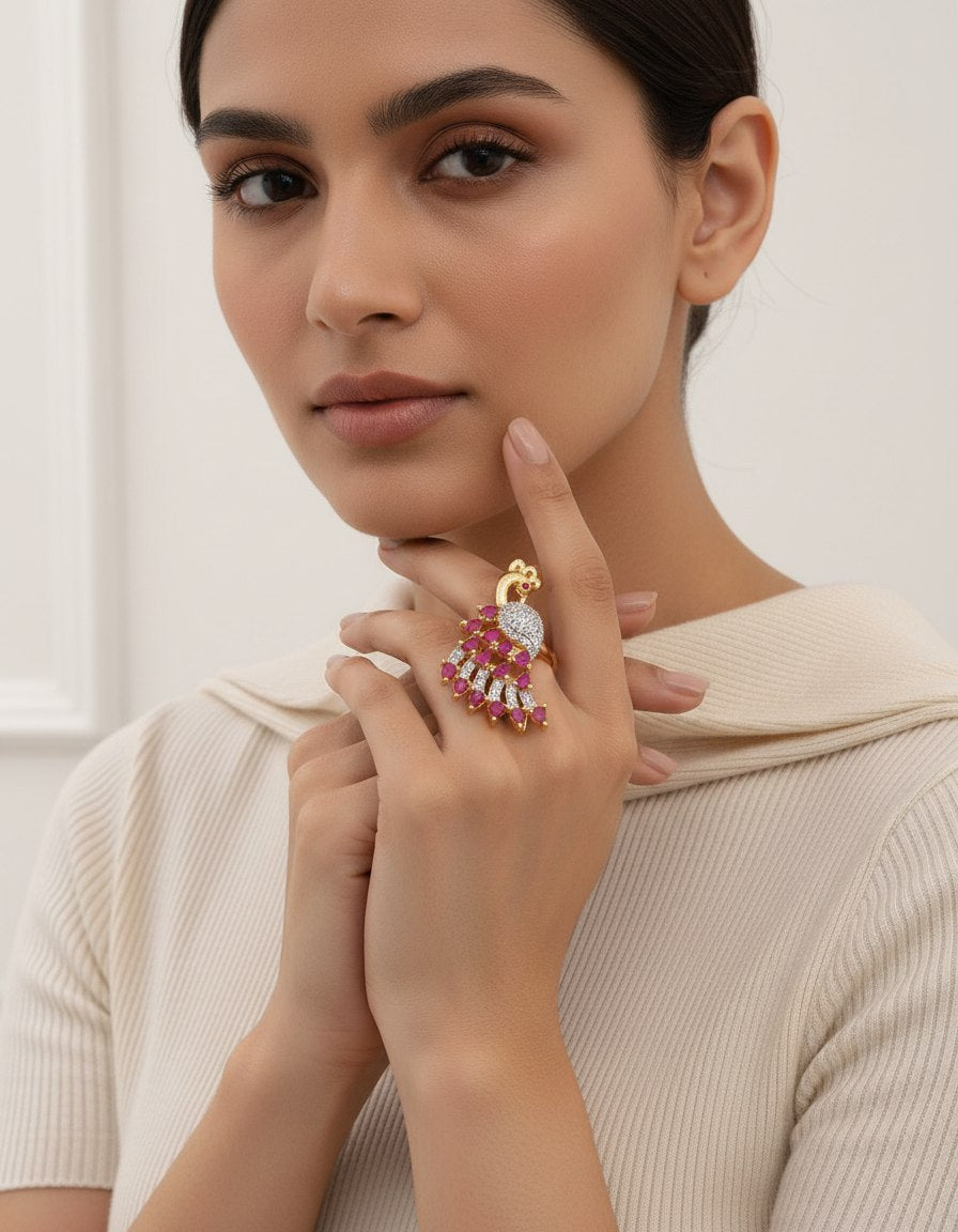 Peacock-Inspired Ruby & Diamond Statement Ring